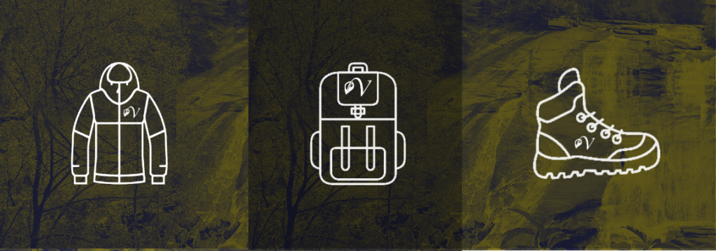 Rain jacket, backpack, and hiking boot line-art icons, each stamped with a vegan leaf "V" logo, on a forest-and-waterfall background.
