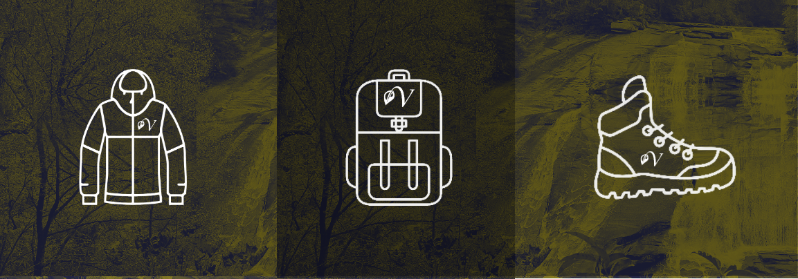 Rain jacket, backpack, and hiking boot line-art icons, each stamped with a vegan leaf "V" logo, on a forest-and-waterfall background.